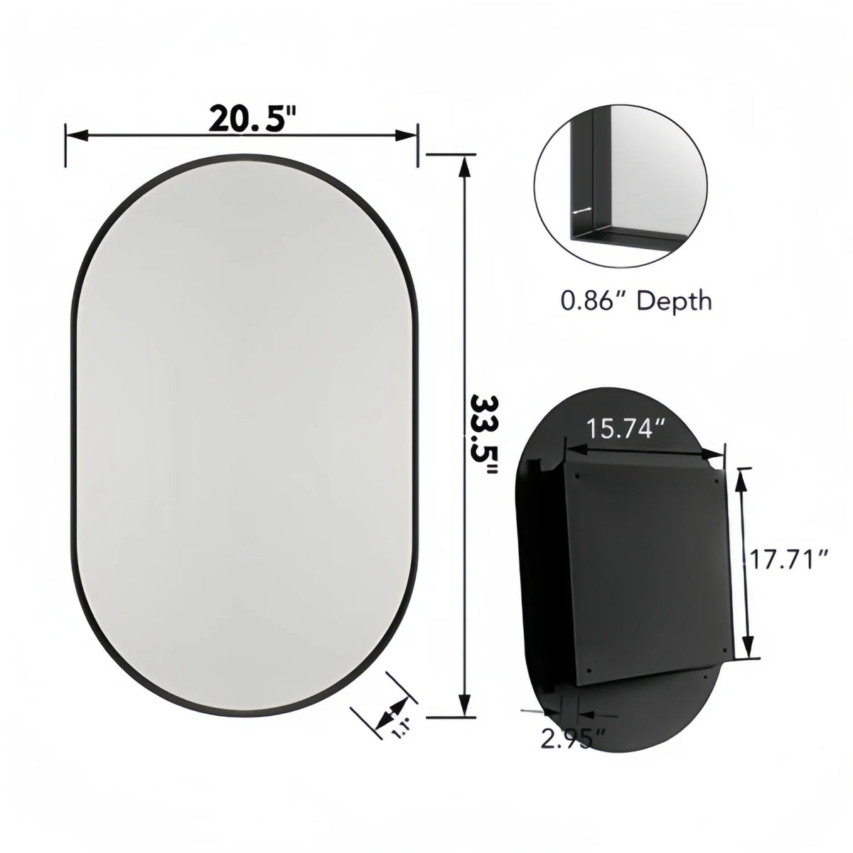 Oval mirror cabinet, for installation or wall mounting, with adjustable shelves, 85x52x10.7 cm, Black