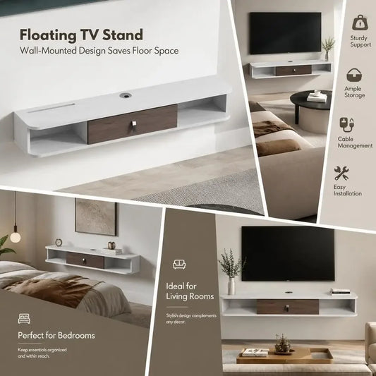 Floating TV Stand 140 X 23.6 X 16 Cm Wall Mounted Media Console White Particle Board with Cable Management