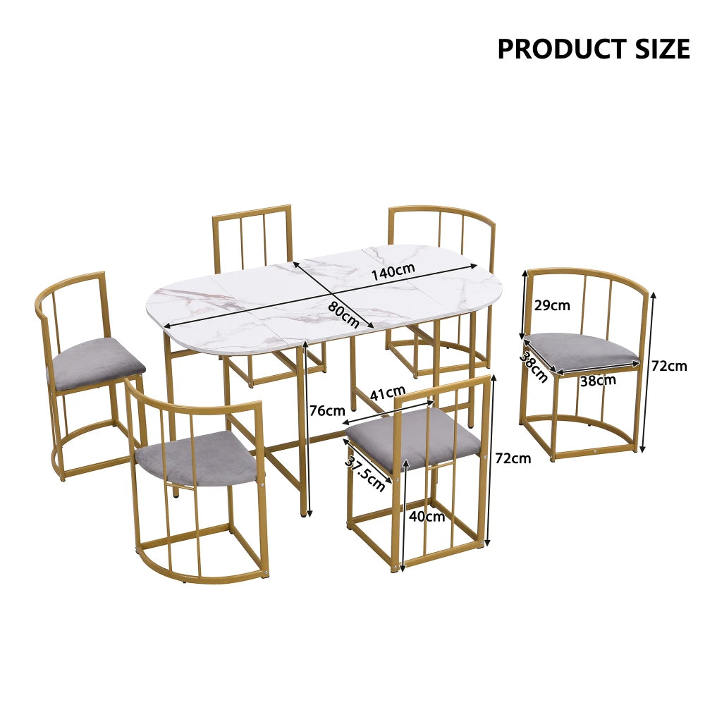 Six-Chair Dining Table Set:(White Table, Chairs with Backrests and Grey Upholstery, Gold Iron Frame),Dining Table and Chair Set
