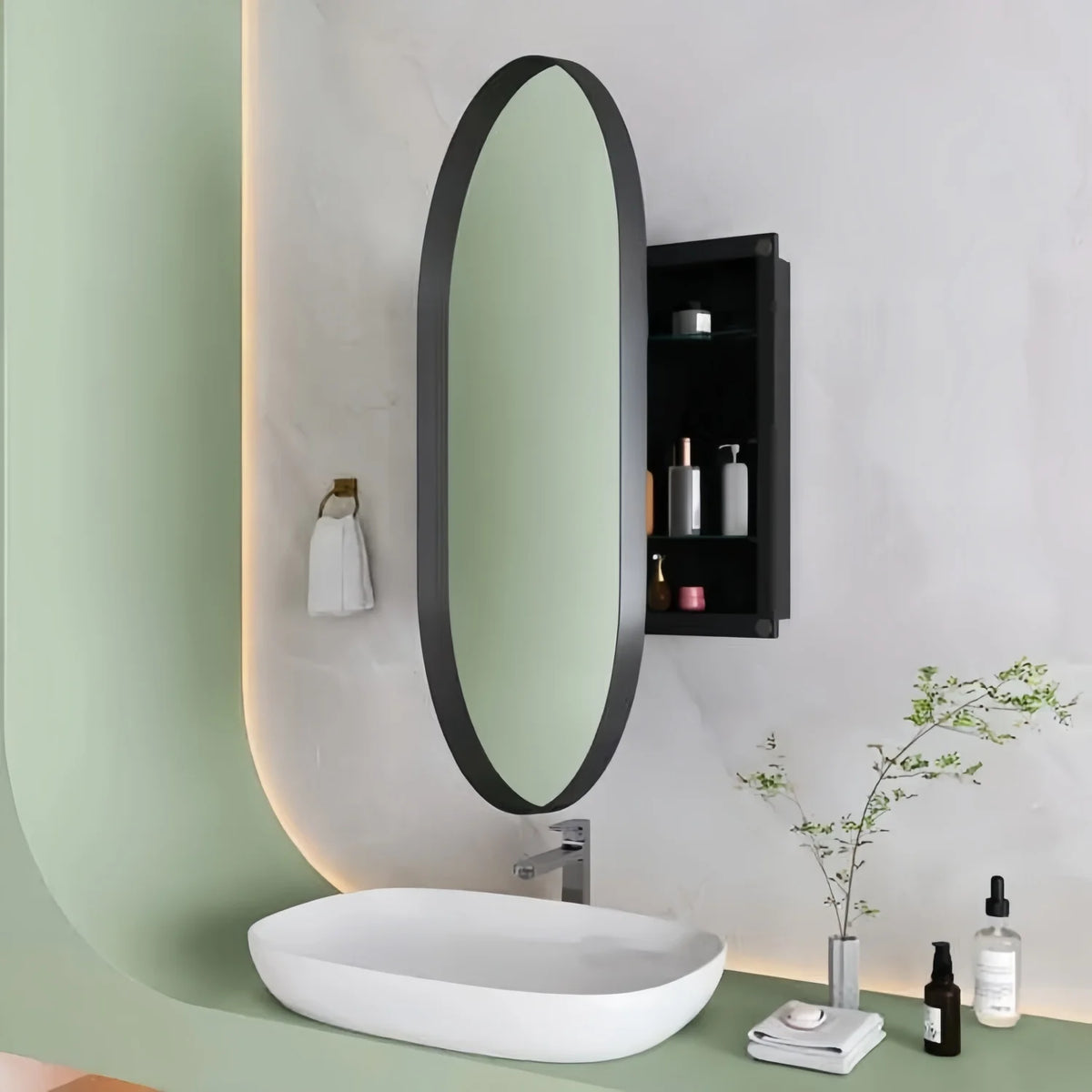 Oval mirror cabinet, for installation or wall mounting, with adjustable shelves, 85x52x10.7 cm, Black