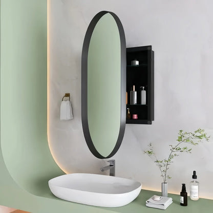 Oval mirror cabinet, for installation or wall mounting, with adjustable shelves, 85x52x10.7 cm, Black