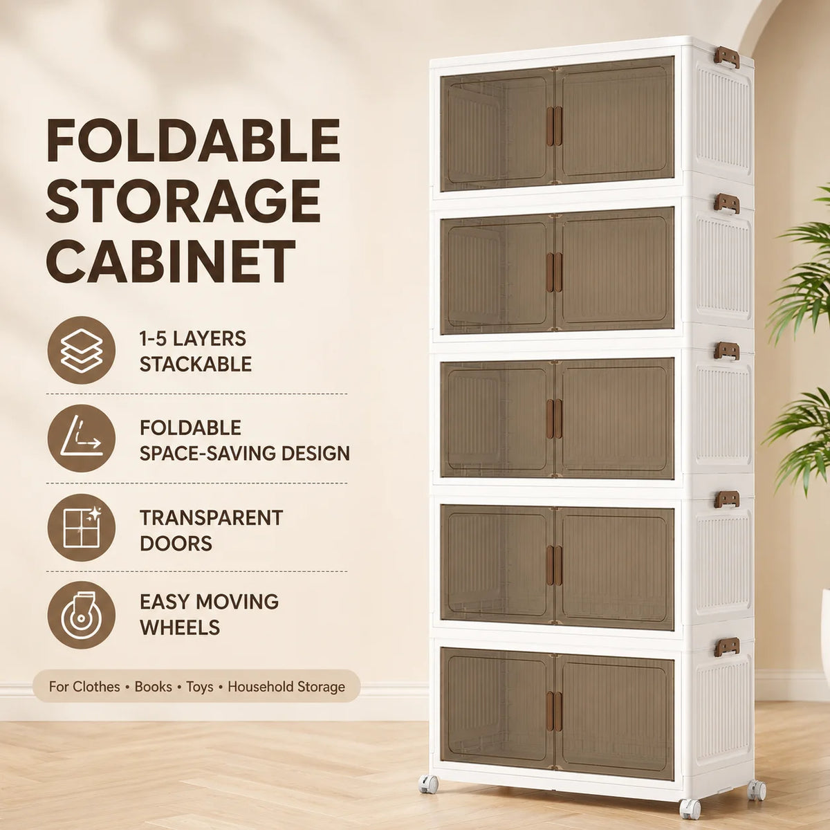 4/5-Layer Foldable Storage Cabinet with Wheels Stackable Wardrobe Organizer PP Transparent Doors for Clothes Toys Home