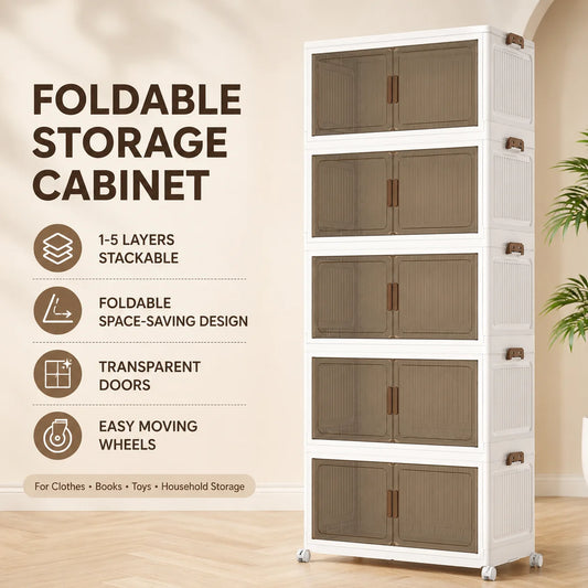 4/5-Layer Foldable Storage Cabinet with Wheels Stackable Wardrobe Organizer PP Transparent Doors for Clothes Toys Home