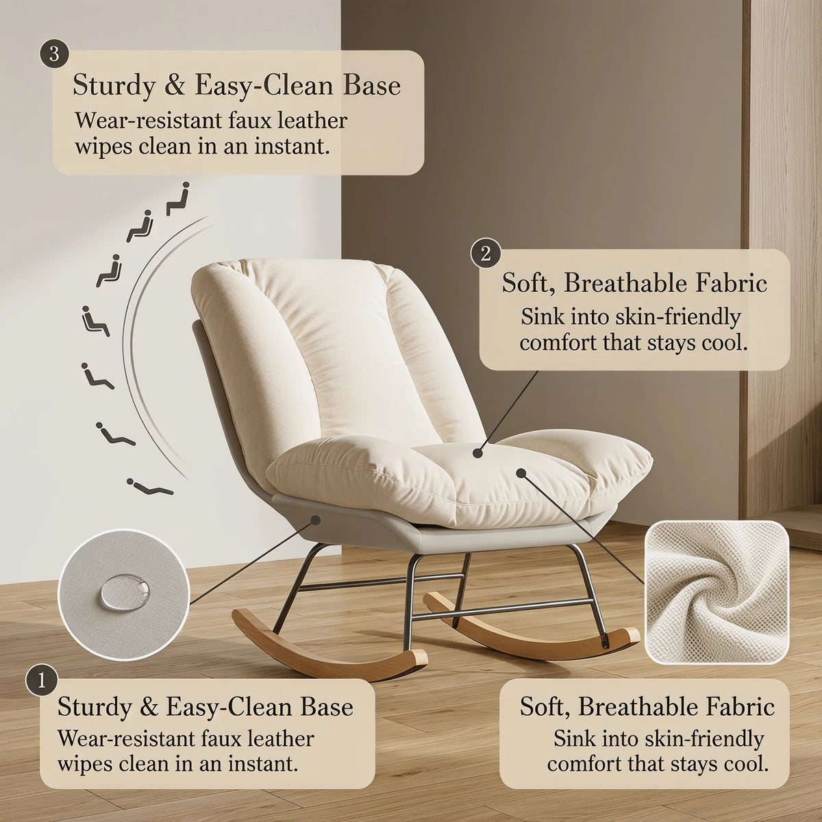 Living room rocking chair, nursing chair, reading chair, 5-position adjustable backrest, extended backrest recliner, Velcro fastening for backrest and seat cushion, beige, 74 x 90.5 x 100 cm