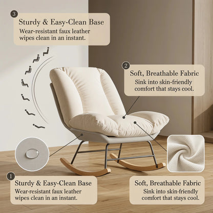 Living room rocking chair, nursing chair, reading chair, 5-position adjustable backrest, extended backrest recliner, Velcro fastening for backrest and seat cushion, beige, 74 x 90.5 x 100 cm