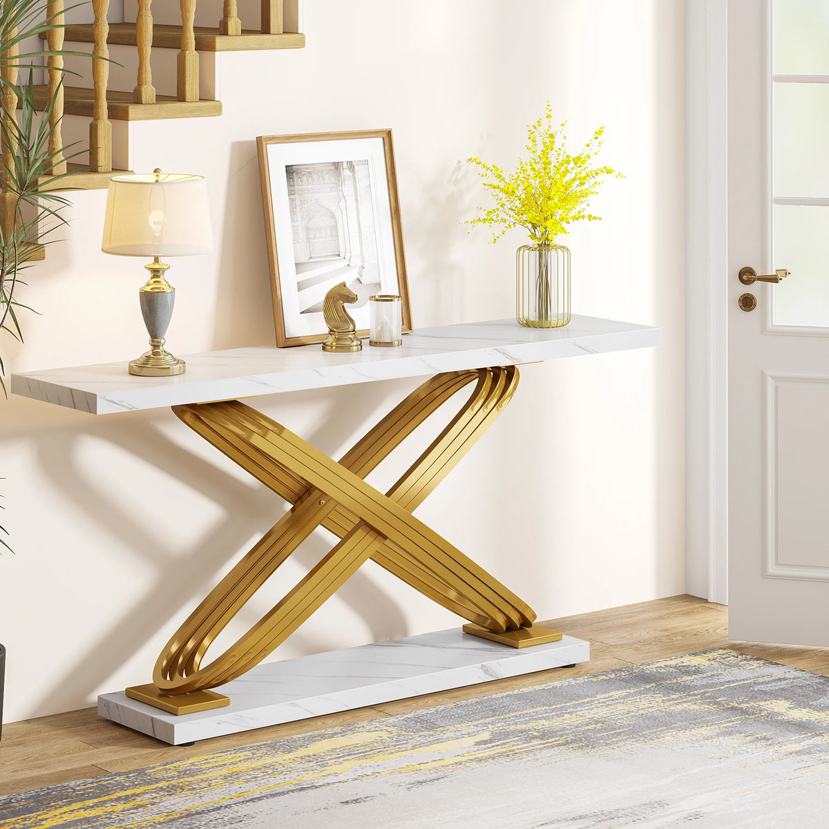 Tribesigns Modern Console Table, 140X33X80Cm, Faux Marble, Entryway Table Behind Sofa, Couch, Narrow Rectangular Sofa Table for Living Room, Bedroom, Entryway, Hallway, Gold & White
