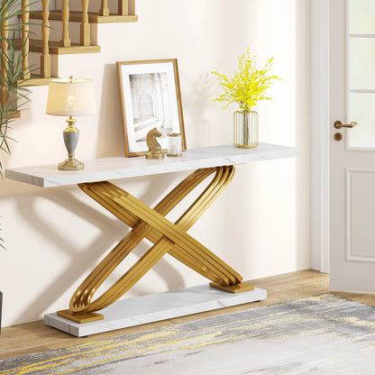 Tribesigns Modern Console Table, 140X33X80Cm, Faux Marble, Entryway Table Behind Sofa, Couch, Narrow Rectangular Sofa Table for Living Room, Bedroom, Entryway, Hallway, Gold & White