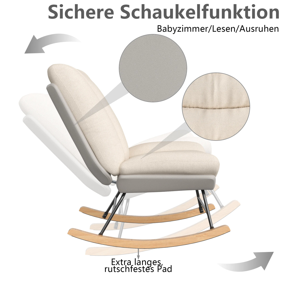Living room rocking chair, nursing chair, reading chair, 5-position adjustable backrest, extended backrest recliner, Velcro fastening for backrest and seat cushion, beige, 74 x 90.5 x 100 cm