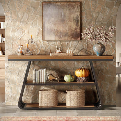 Tribesigns 55" Console Table with Storage Shelves, 3-Tier Iron Frame Sofa Table, Wooden Hallway Table for Living Room, Foyer, Hallway, Industrial Style
