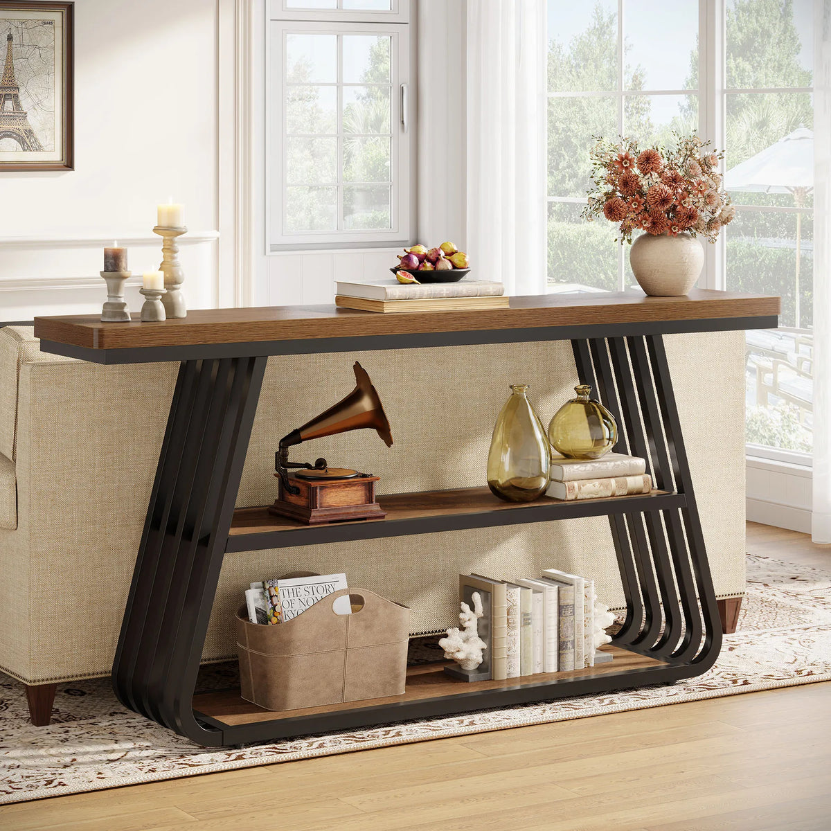 Tribesigns 55" Console Table with Storage Shelves, 3-Tier Iron Frame Sofa Table, Wooden Hallway Table for Living Room, Foyer, Hallway, Industrial Style