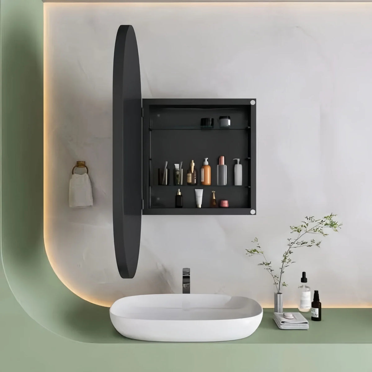 Oval mirror cabinet, for installation or wall mounting, with adjustable shelves, 85x52x10.7 cm, Black