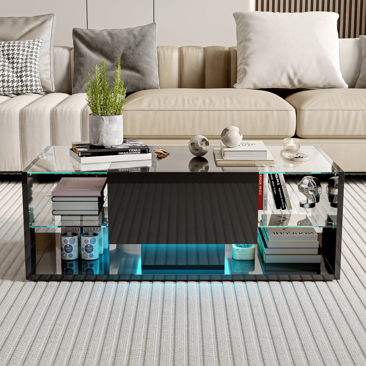 Anajqaqia Modern Coffee Table with Open Storage Shelves, High Gloss Centre Table with Glass Shelf, Multipurpose Living Room Tea Table 100X50X35 cm