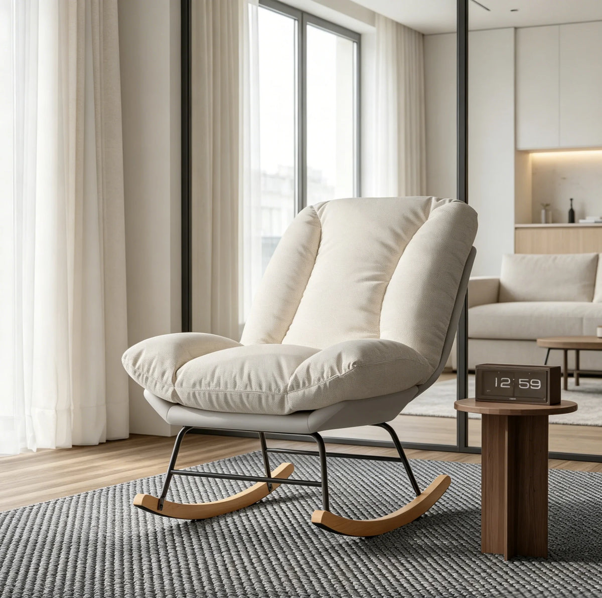 Living room rocking chair, nursing chair, reading chair, 5-position adjustable backrest, extended backrest recliner, Velcro fastening for backrest and seat cushion, beige, 74 x 90.5 x 100 cm