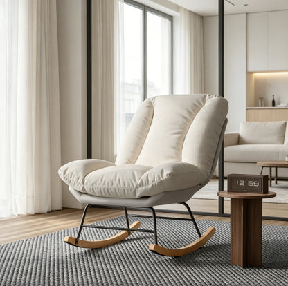 Living room rocking chair, nursing chair, reading chair, 5-position adjustable backrest, extended backrest recliner, Velcro fastening for backrest and seat cushion, beige, 74 x 90.5 x 100 cm