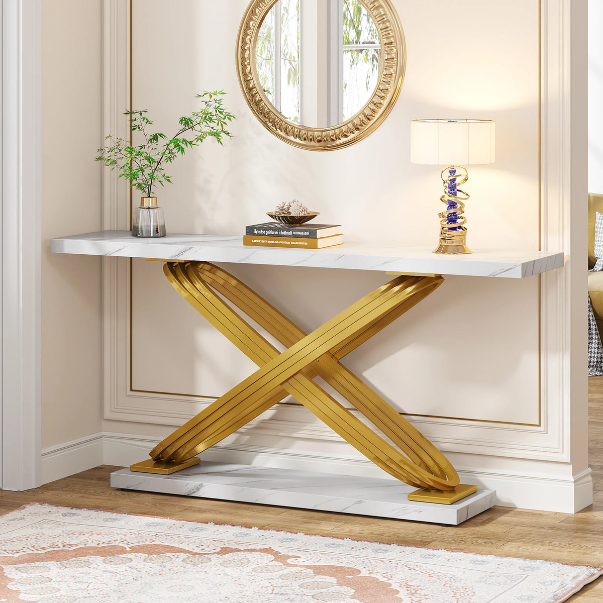 Tribesigns Modern Console Table, 140X33X80Cm, Faux Marble, Entryway Table Behind Sofa, Couch, Narrow Rectangular Sofa Table for Living Room, Bedroom, Entryway, Hallway, Gold & White
