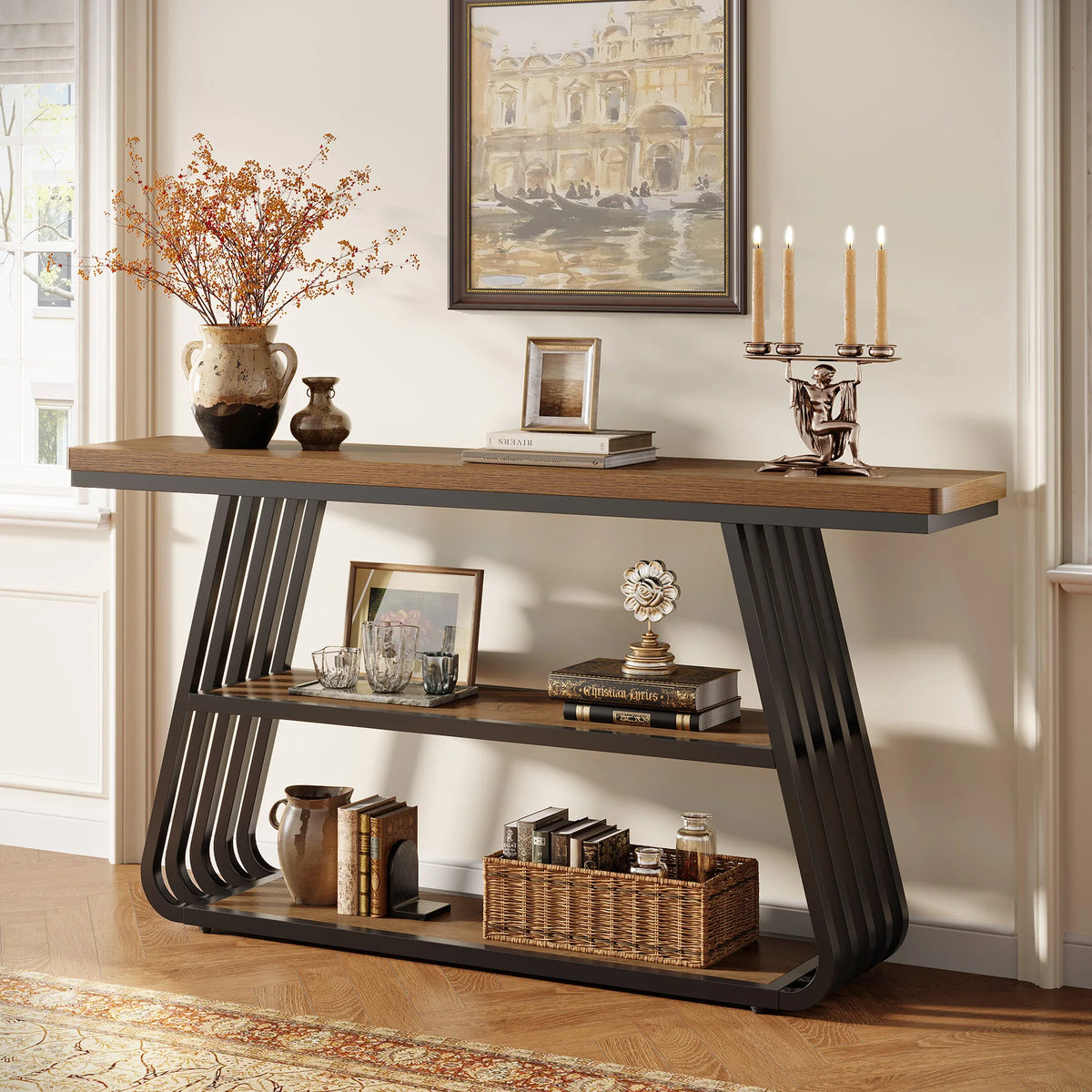 Tribesigns 55" Console Table with Storage Shelves, 3-Tier Iron Frame Sofa Table, Wooden Hallway Table for Living Room, Foyer, Hallway, Industrial Style