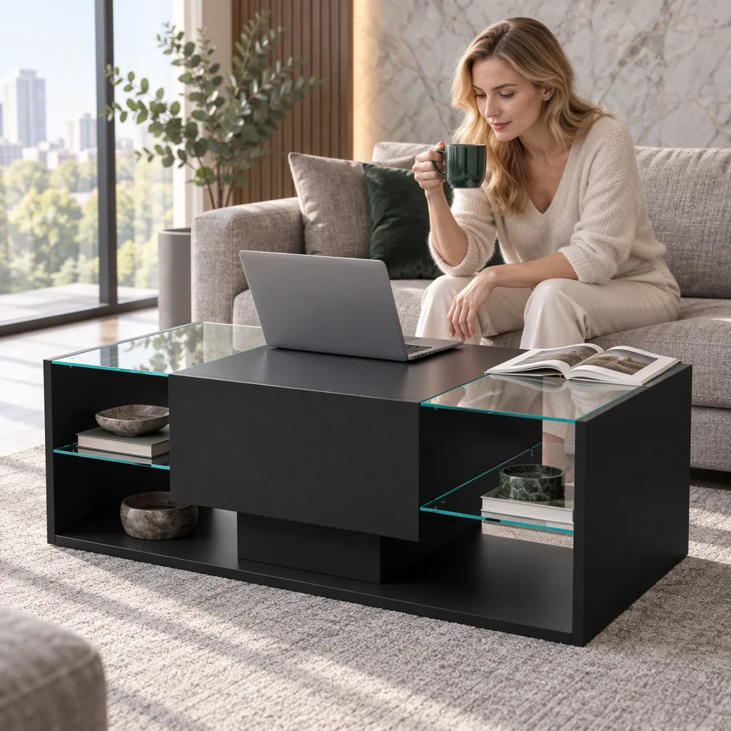 Anajqaqia Modern Coffee Table with Open Storage Shelves, High Gloss Centre Table with Glass Shelf, Multipurpose Living Room Tea Table 100X50X35 cm