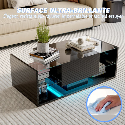 Anajqaqia Modern Coffee Table with Open Storage Shelves, High Gloss Centre Table with Glass Shelf, Multipurpose Living Room Tea Table 100X50X35 cm