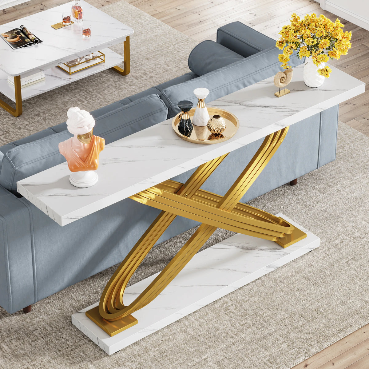 Tribesigns Modern Console Table, 140X33X80Cm, Faux Marble, Entryway Table Behind Sofa, Couch, Narrow Rectangular Sofa Table for Living Room, Bedroom, Entryway, Hallway, Gold & White