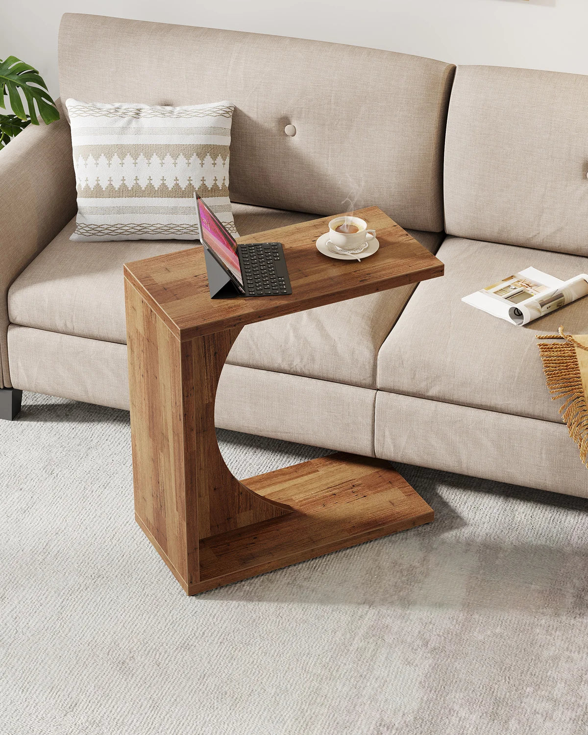 Tribesigns C-Shaped End Table, Sofa Side Table for Small Spaces, C Table for Living Room & Bedroom (Walnut Brown)