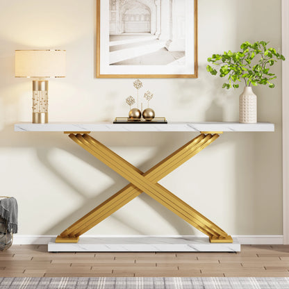 Tribesigns Modern Console Table, 140X33X80Cm, Faux Marble, Entryway Table Behind Sofa, Couch, Narrow Rectangular Sofa Table for Living Room, Bedroom, Entryway, Hallway, Gold & White