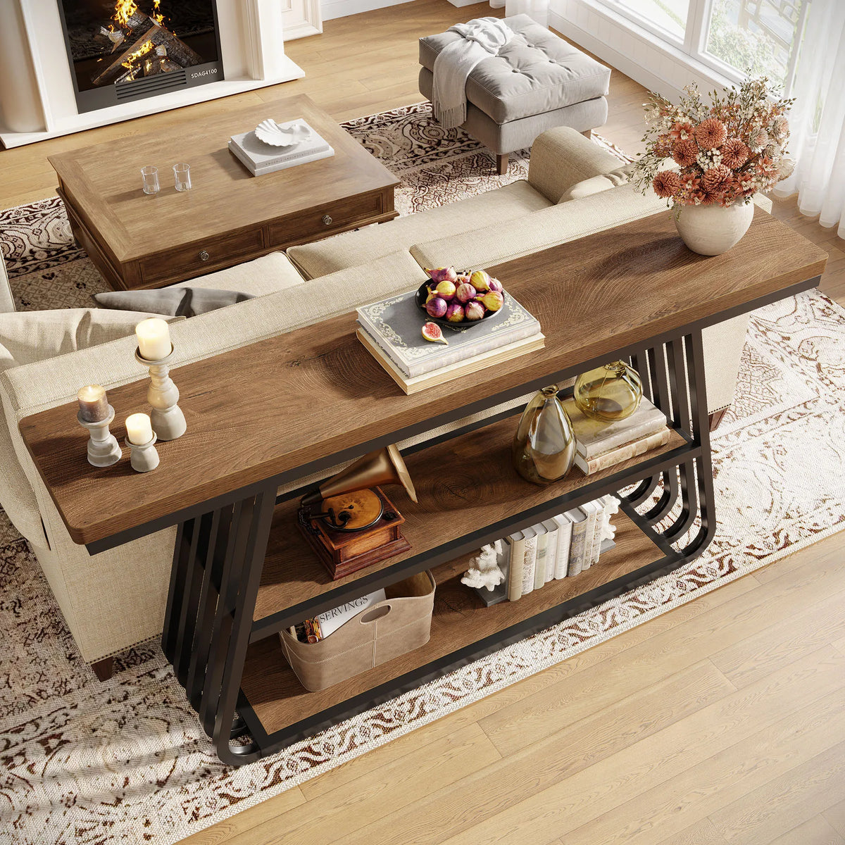 Tribesigns 55" Console Table with Storage Shelves, 3-Tier Iron Frame Sofa Table, Wooden Hallway Table for Living Room, Foyer, Hallway, Industrial Style