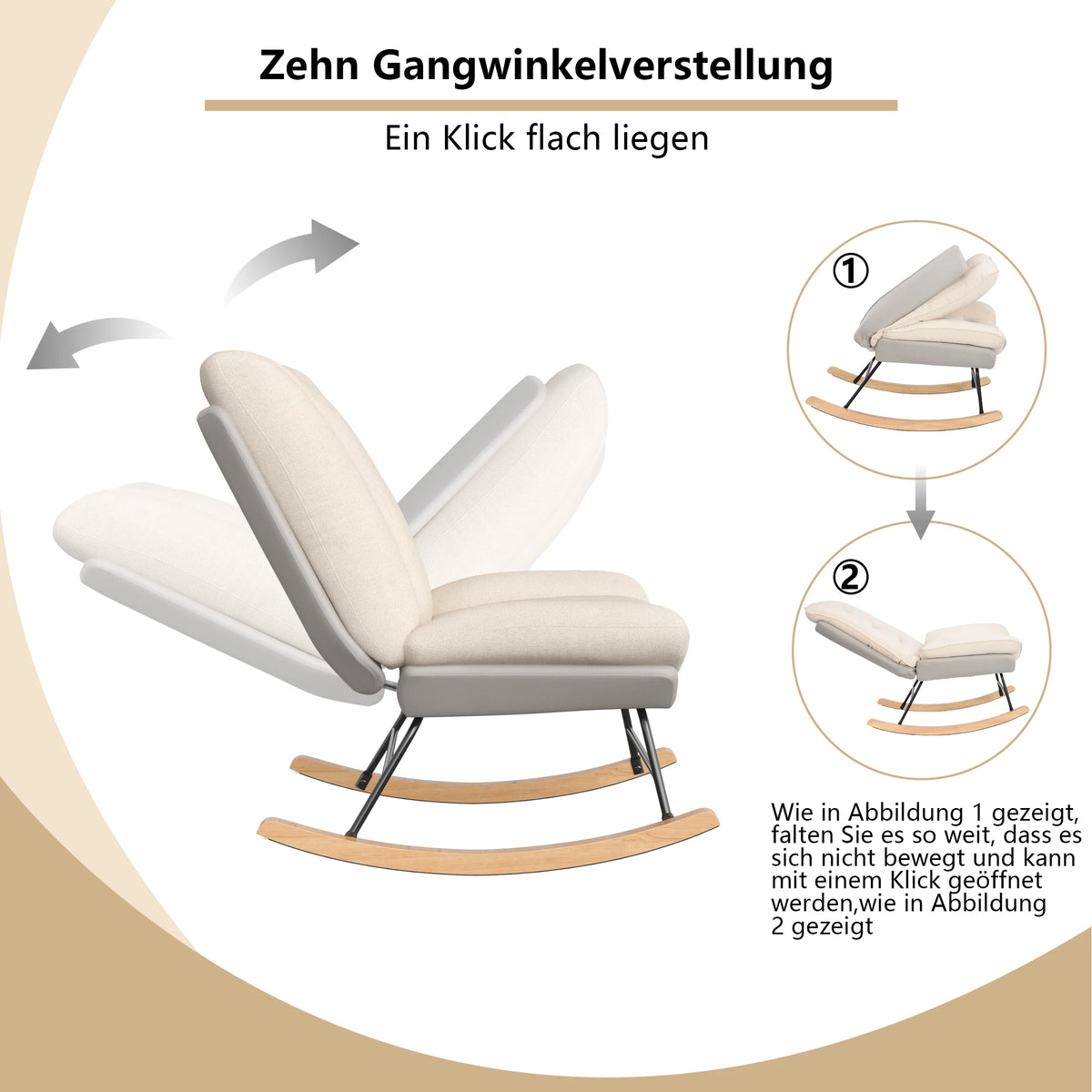 Living room rocking chair, nursing chair, reading chair, 5-position adjustable backrest, extended backrest recliner, Velcro fastening for backrest and seat cushion, beige, 74 x 90.5 x 100 cm
