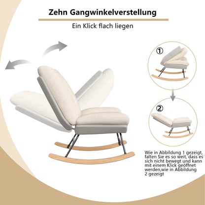 Living room rocking chair, nursing chair, reading chair, 5-position adjustable backrest, extended backrest recliner, Velcro fastening for backrest and seat cushion, beige, 74 x 90.5 x 100 cm