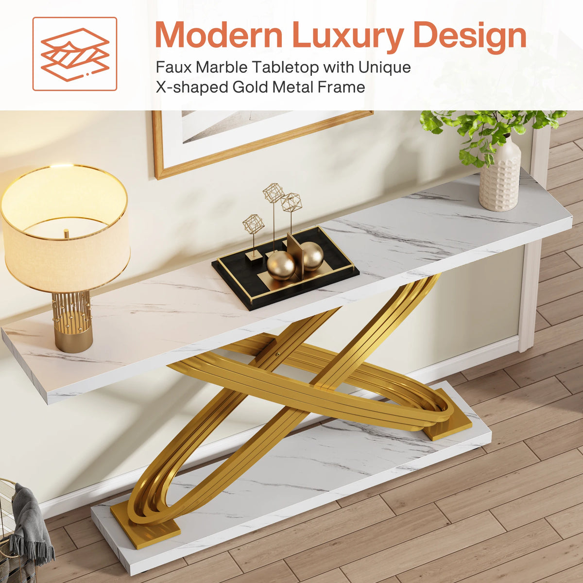 Tribesigns Modern Console Table, 140X33X80Cm, Faux Marble, Entryway Table Behind Sofa, Couch, Narrow Rectangular Sofa Table for Living Room, Bedroom, Entryway, Hallway, Gold & White