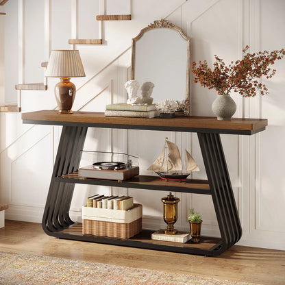 Tribesigns 55" Console Table with Storage Shelves, 3-Tier Iron Frame Sofa Table, Wooden Hallway Table for Living Room, Foyer, Hallway, Industrial Style