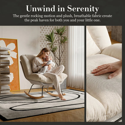 Living room rocking chair, nursing chair, reading chair, 5-position adjustable backrest, extended backrest recliner, Velcro fastening for backrest and seat cushion, beige, 74 x 90.5 x 100 cm