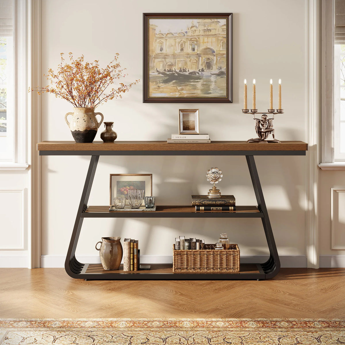 Tribesigns 55" Console Table with Storage Shelves, 3-Tier Iron Frame Sofa Table, Wooden Hallway Table for Living Room, Foyer, Hallway, Industrial Style