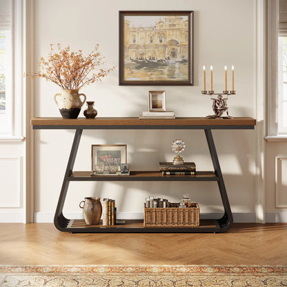 Tribesigns 55" Console Table with Storage Shelves, 3-Tier Iron Frame Sofa Table, Wooden Hallway Table for Living Room, Foyer, Hallway, Industrial Style