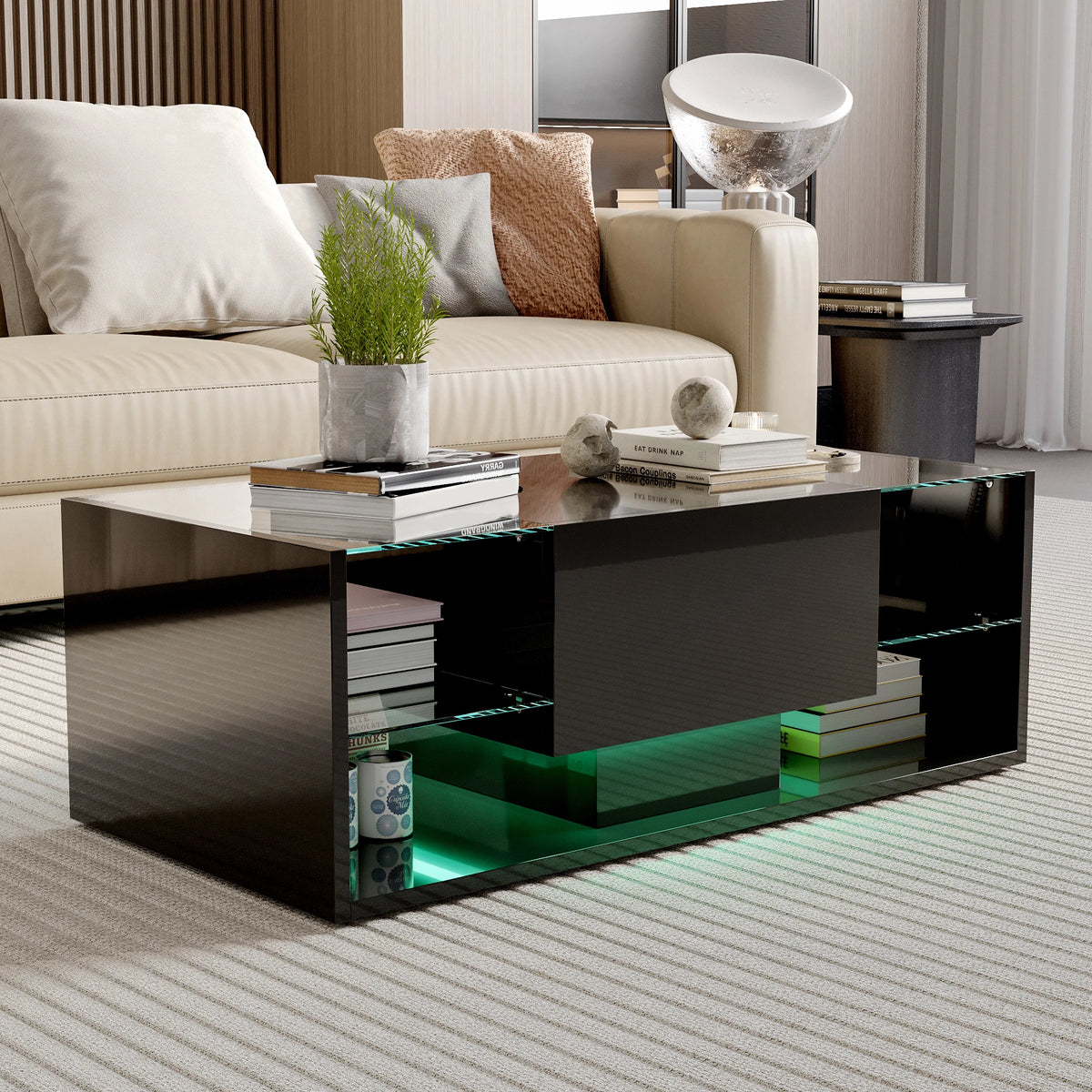 Anajqaqia Modern Coffee Table with Open Storage Shelves, High Gloss Centre Table with Glass Shelf, Multipurpose Living Room Tea Table 100X50X35 cm