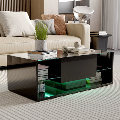 Anajqaqia Modern Coffee Table with Open Storage Shelves, High Gloss Centre Table with Glass Shelf, Multipurpose Living Room Tea Table 100X50X35 cm