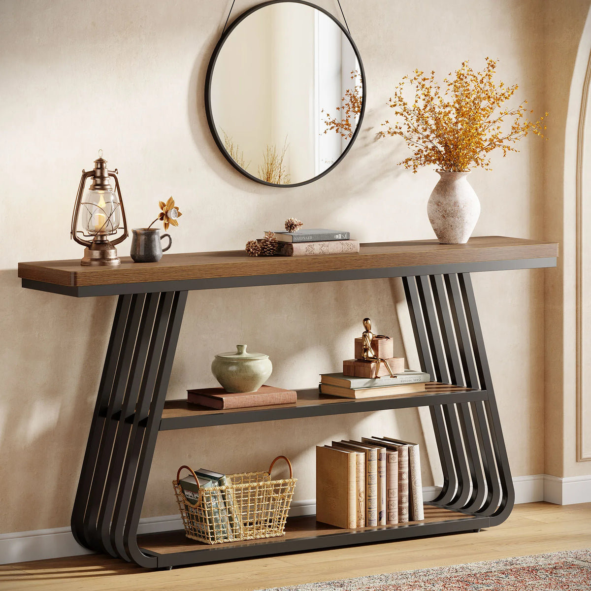 Tribesigns 55" Console Table with Storage Shelves, 3-Tier Iron Frame Sofa Table, Wooden Hallway Table for Living Room, Foyer, Hallway, Industrial Style