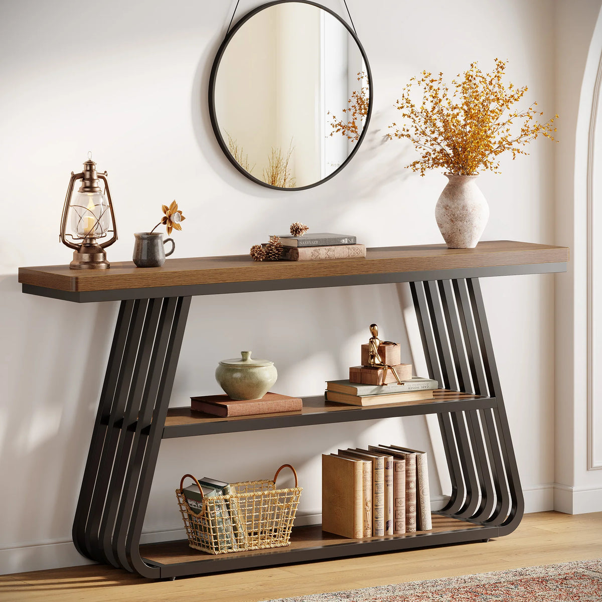 Tribesigns 55" Console Table with Storage Shelves, 3-Tier Iron Frame Sofa Table, Wooden Hallway Table for Living Room, Foyer, Hallway, Industrial Style