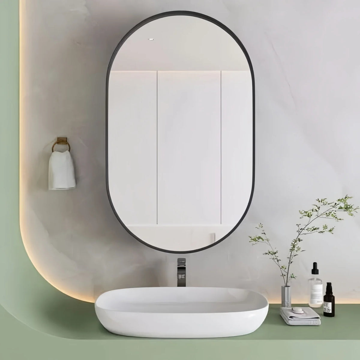 Oval mirror cabinet, for installation or wall mounting, with adjustable shelves, 85x52x10.7 cm, Black