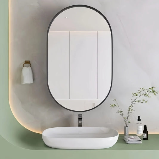 Oval mirror cabinet, for installation or wall mounting, with adjustable shelves, 85x52x10.7 cm, Black