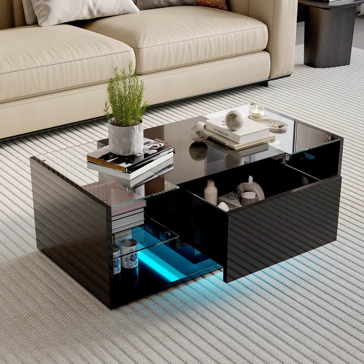 Anajqaqia Modern Coffee Table with Open Storage Shelves, High Gloss Centre Table with Glass Shelf, Multipurpose Living Room Tea Table 100X50X35 cm