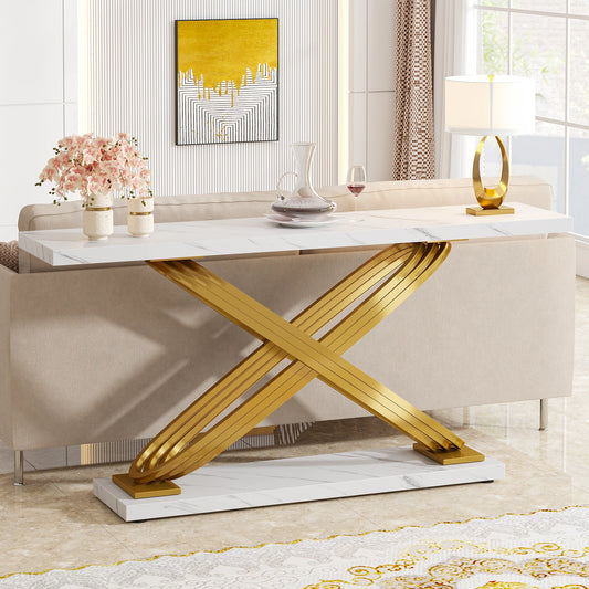 Tribesigns Modern Console Table, 140X33X80Cm, Faux Marble, Entryway Table Behind Sofa, Couch, Narrow Rectangular Sofa Table for Living Room, Bedroom, Entryway, Hallway, Gold & White