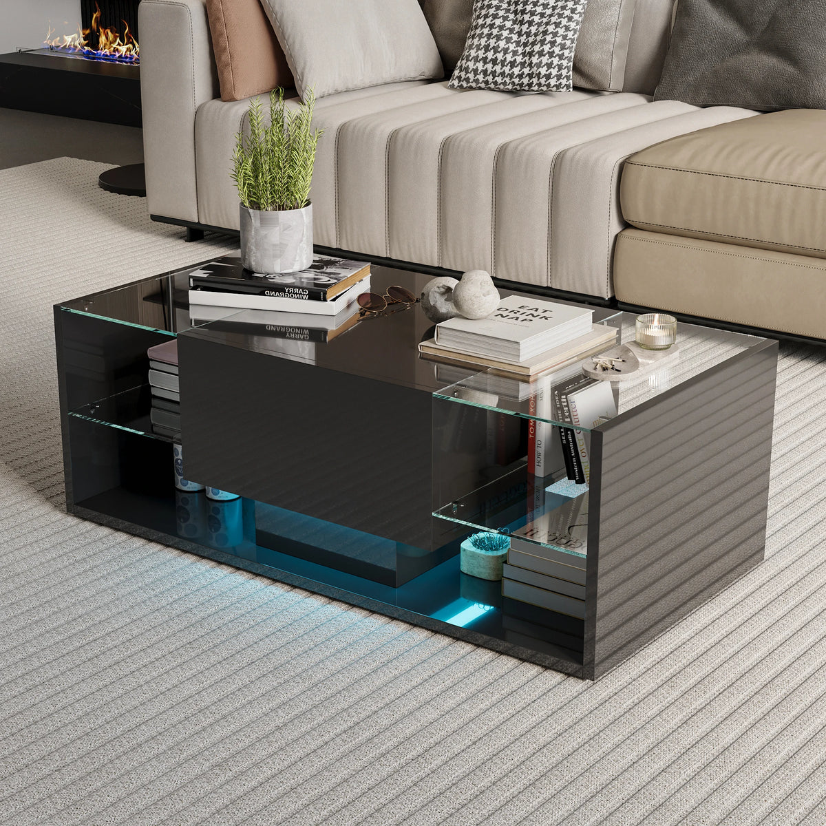 Anajqaqia Modern Coffee Table with Open Storage Shelves, High Gloss Centre Table with Glass Shelf, Multipurpose Living Room Tea Table 100X50X35 cm