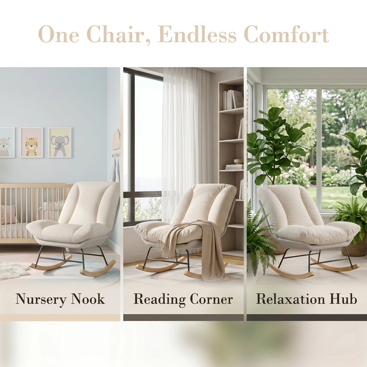 Living room rocking chair, nursing chair, reading chair, 5-position adjustable backrest, extended backrest recliner, Velcro fastening for backrest and seat cushion, beige, 74 x 90.5 x 100 cm