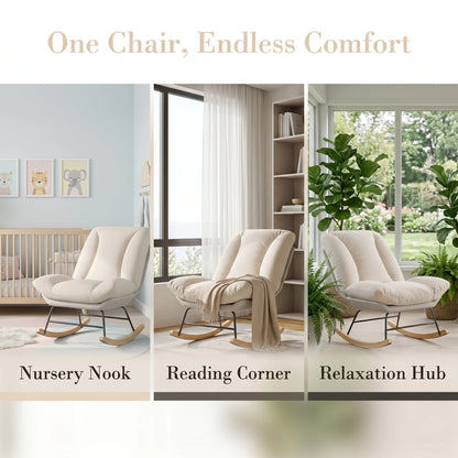 Living room rocking chair, nursing chair, reading chair, 5-position adjustable backrest, extended backrest recliner, Velcro fastening for backrest and seat cushion, beige, 74 x 90.5 x 100 cm