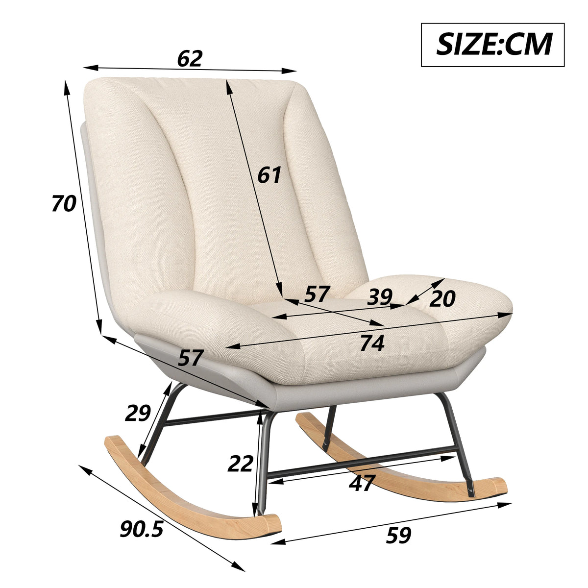 Living room rocking chair, nursing chair, reading chair, 5-position adjustable backrest, extended backrest recliner, Velcro fastening for backrest and seat cushion, beige, 74 x 90.5 x 100 cm