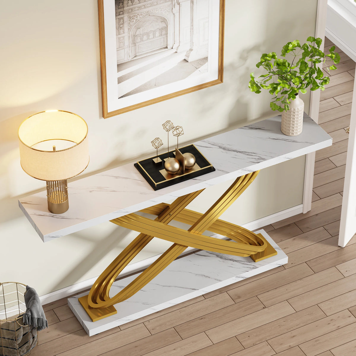 Tribesigns Modern Console Table, 140X33X80Cm, Faux Marble, Entryway Table Behind Sofa, Couch, Narrow Rectangular Sofa Table for Living Room, Bedroom, Entryway, Hallway, Gold & White