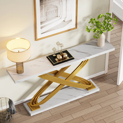 Tribesigns Modern Console Table, 140X33X80Cm, Faux Marble, Entryway Table Behind Sofa, Couch, Narrow Rectangular Sofa Table for Living Room, Bedroom, Entryway, Hallway, Gold & White