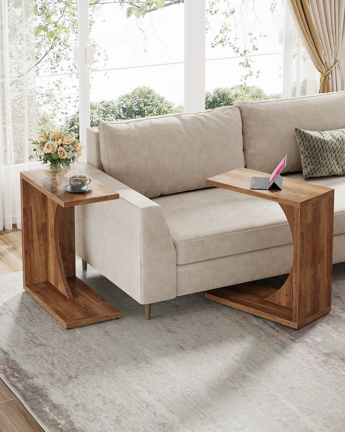 Tribesigns C-Shaped End Table, Sofa Side Table for Small Spaces, C Table for Living Room & Bedroom (Walnut Brown)