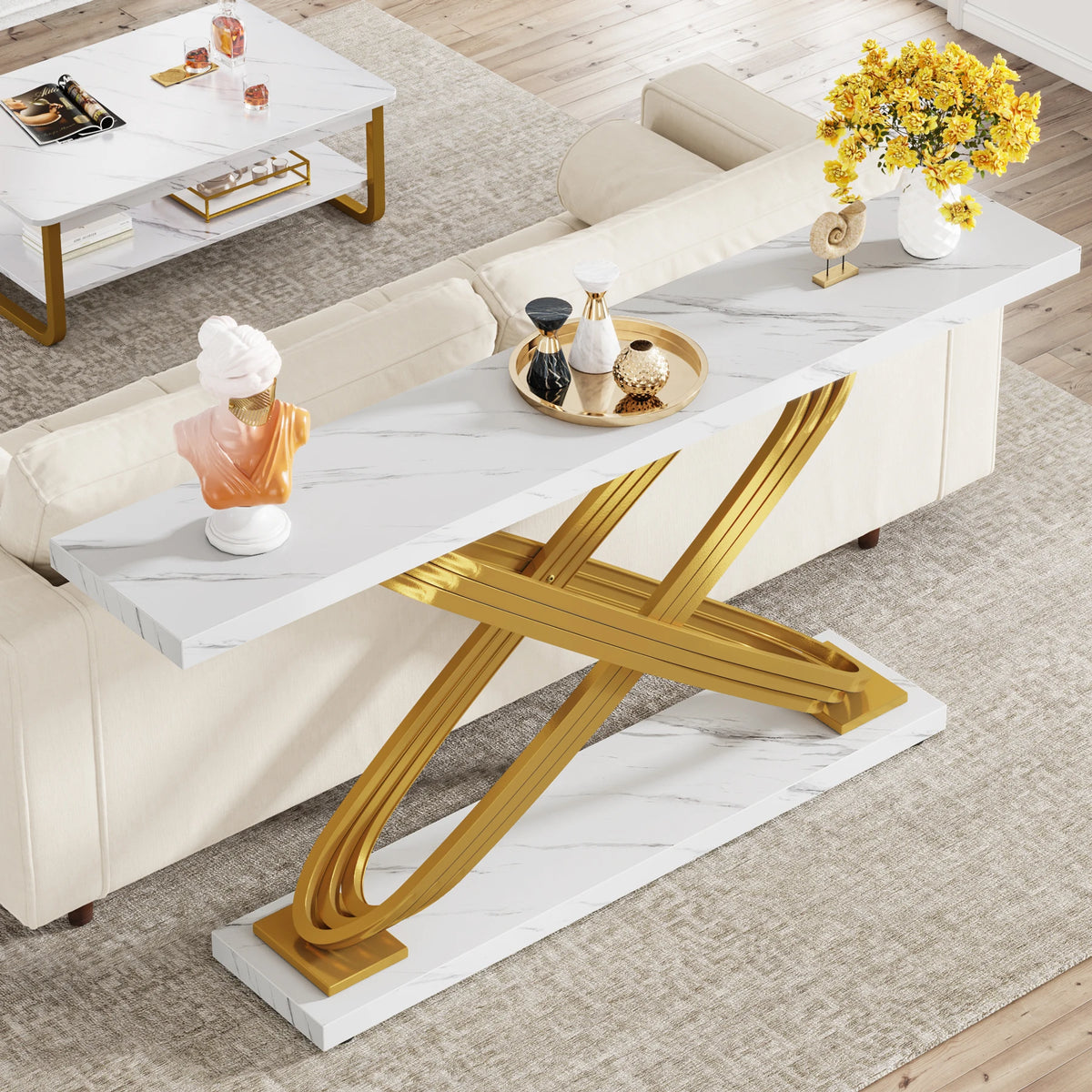 Tribesigns Modern Console Table, 140X33X80Cm, Faux Marble, Entryway Table Behind Sofa, Couch, Narrow Rectangular Sofa Table for Living Room, Bedroom, Entryway, Hallway, Gold & White