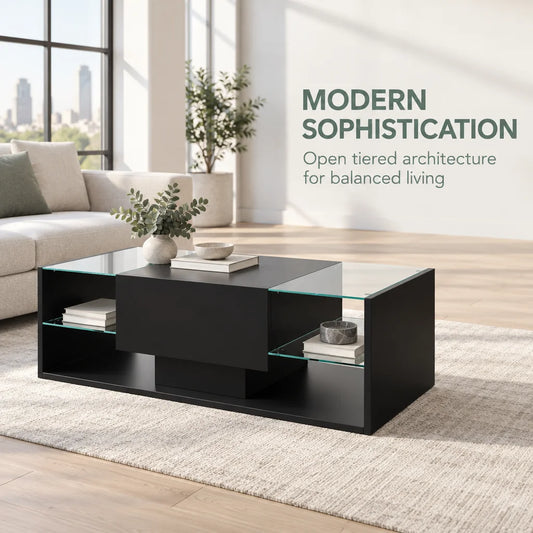 Anajqaqia Modern Coffee Table with Open Storage Shelves, High Gloss Centre Table with Glass Shelf, Multipurpose Living Room Tea Table 100X50X35 cm